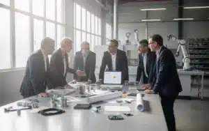 Dirigeants d une PME industrielle analysant leur gamme de produits et services pour diversifier leur offre