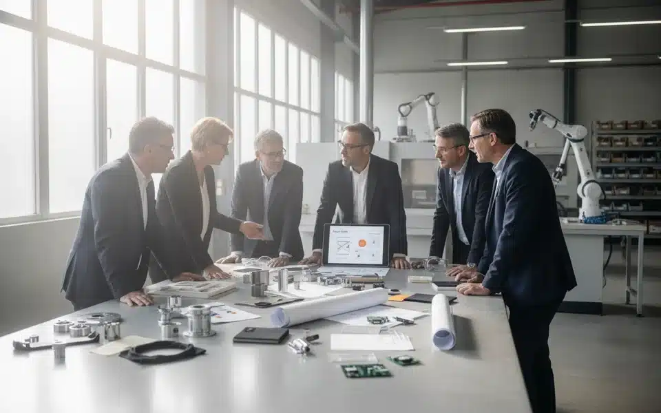 Dirigeants d'une PME industrielle analysant leur gamme de produits et services pour diversifier leur offre