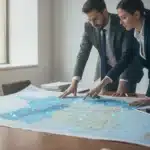 Dirigeant analysant une carte de zone de chalandise pour implanter son entreprise près de ses principaux clients