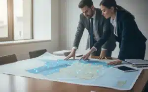 Dirigeant analysant une carte de zone de chalandise pour implanter son entreprise près de ses principaux clients