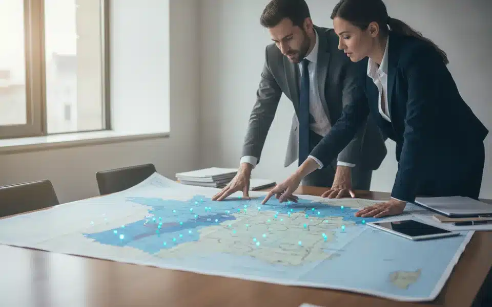 Dirigeant analysant une carte de zone de chalandise pour implanter son entreprise près de ses principaux clients