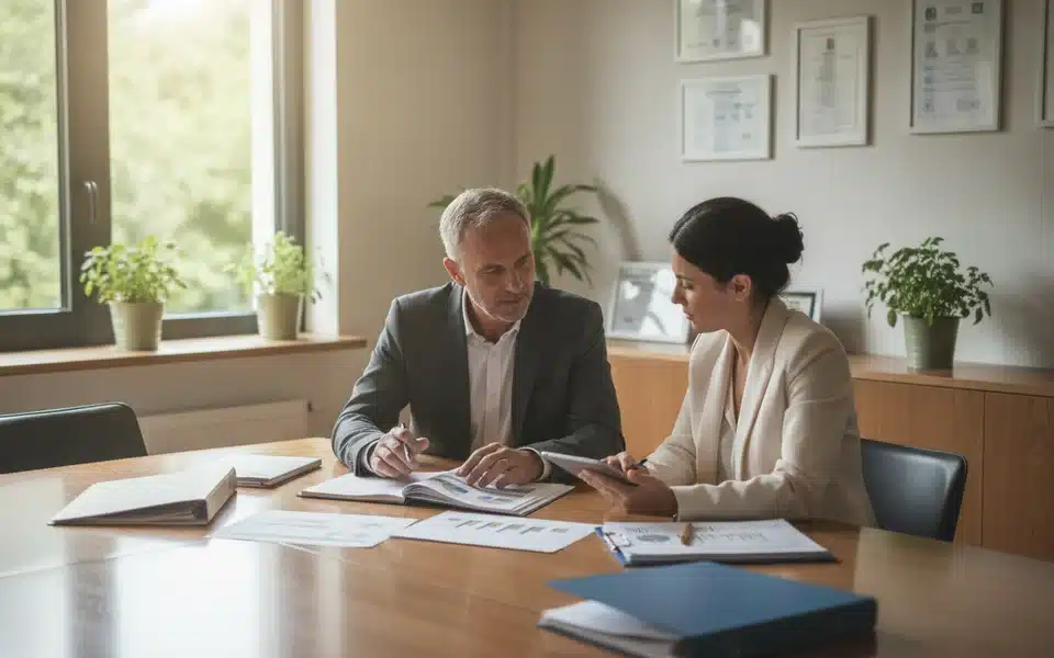 Dirigeants d'une PME industrielle examinant leur démarche de labellisation RSE en réunion