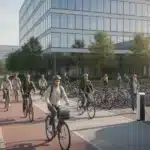 Salariés se rendant au travail à vélo et en transports en commun devant un site d entreprise