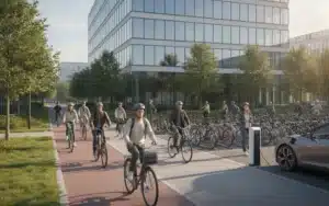 Salariés se rendant au travail à vélo et en transports en commun devant un site d entreprise