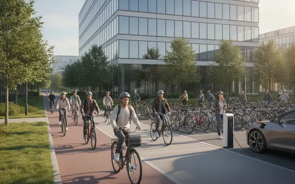 Salariés se rendant au travail à vélo et en transports en commun devant un site d'entreprise moderne, mobilité durable