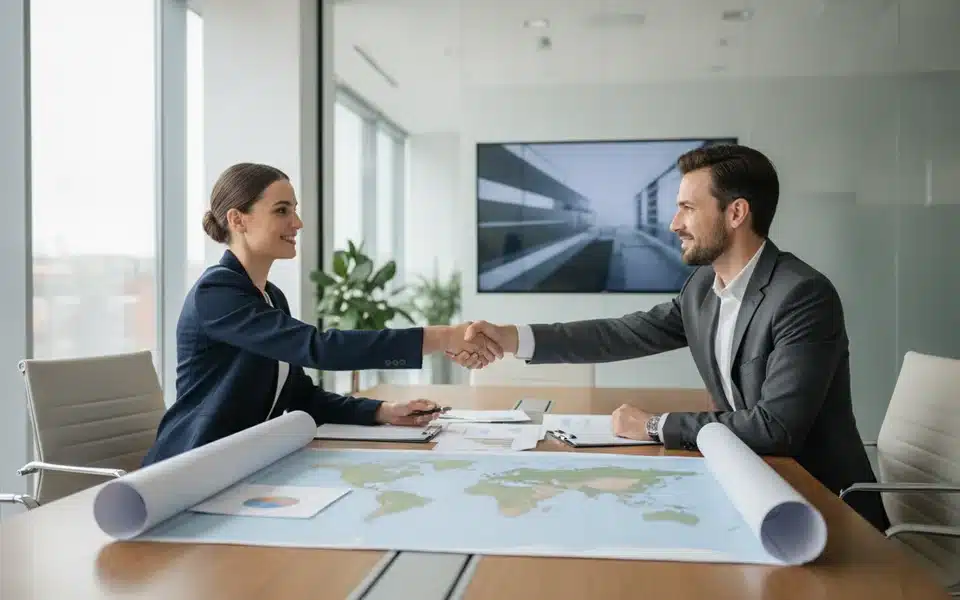 Dirigeants d'entreprise étudiant un projet d'implantation et d'expansion sur un nouveau territoire dans des bureaux modernes