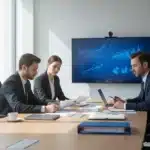 Dirigeants d'entreprise analysant les évolutions réglementaires de leur secteur lors d'une réunion de veille