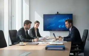 Dirigeants d'entreprise analysant les évolutions réglementaires de leur secteur lors d'une réunion de veille