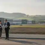 Dirigeant et chargée de mission d'une agence de développement visitant un terrain d'activité