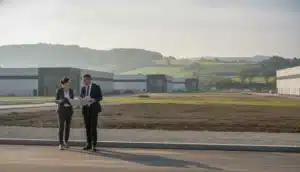 Dirigeant et chargée de mission d'une agence de développement visitant un terrain d'activité
