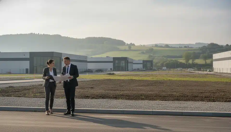 Dirigeant et chargée de mission d'une agence de développement visitant un terrain d'activité