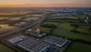 Vue aérienne d'une zone d'activités avec entrepôts et usine, campagne et métropole au loin