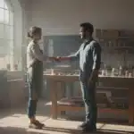 Dirigeante de petite entreprise accueillant un nouveau collaborateur dans un atelier