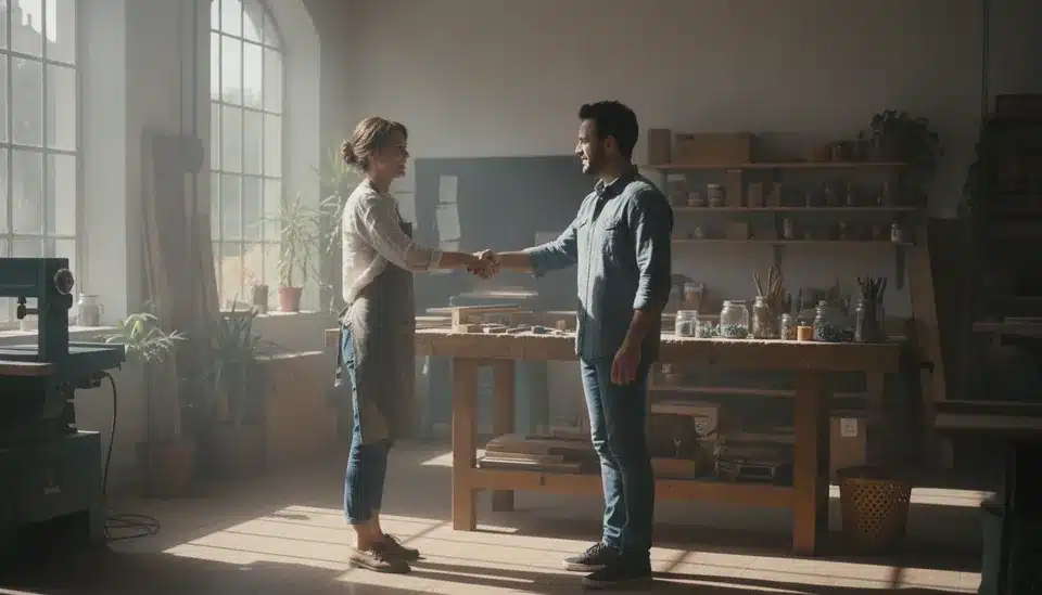 Dirigeante de petite entreprise accueillant un nouveau collaborateur dans un atelier
