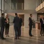 Dirigeants d'entreprise échangeant lors d'une rencontre de club d'entreprises dans un hall d'activités