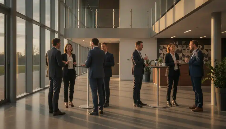Dirigeants d'entreprise échangeant lors d'une rencontre de club d'entreprises dans un hall d'activités